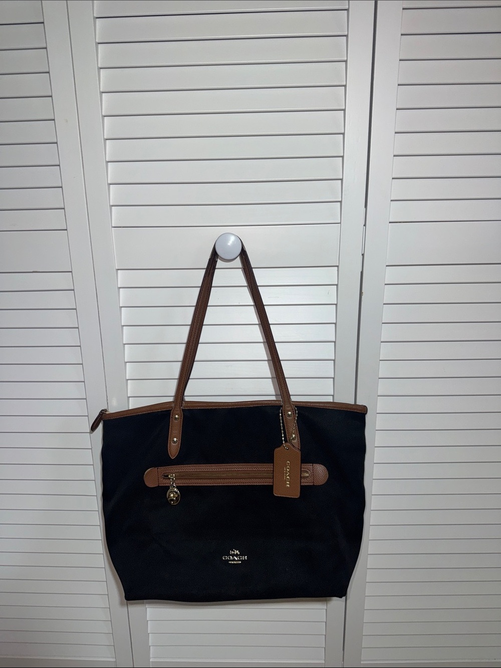 Coach Black Canvas Tote with Brown Leather Trim